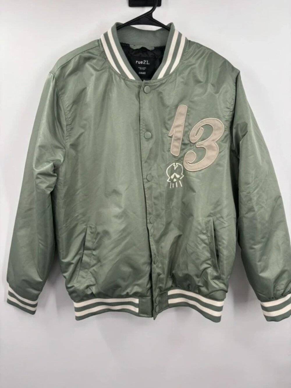 Sage Green Snap-Front Bomber Jacket with Skull Graphics, Women’s Small